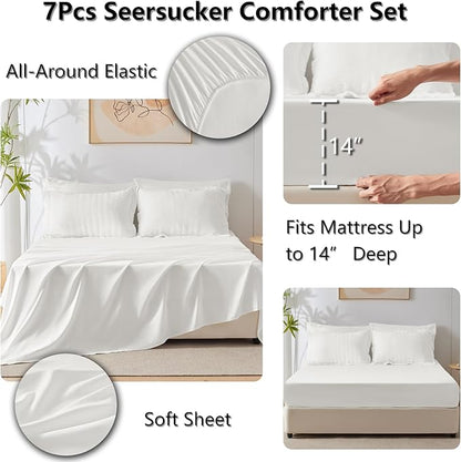 CozyLux King Size Comforter Set White Seersucker 7 Pieces Bed in a Bag King Comforter Set with Sheets, Luxury Soft Bedding Set with Down Alternative Comforter, Sheets, Pillowcases & Shams All Seasons
