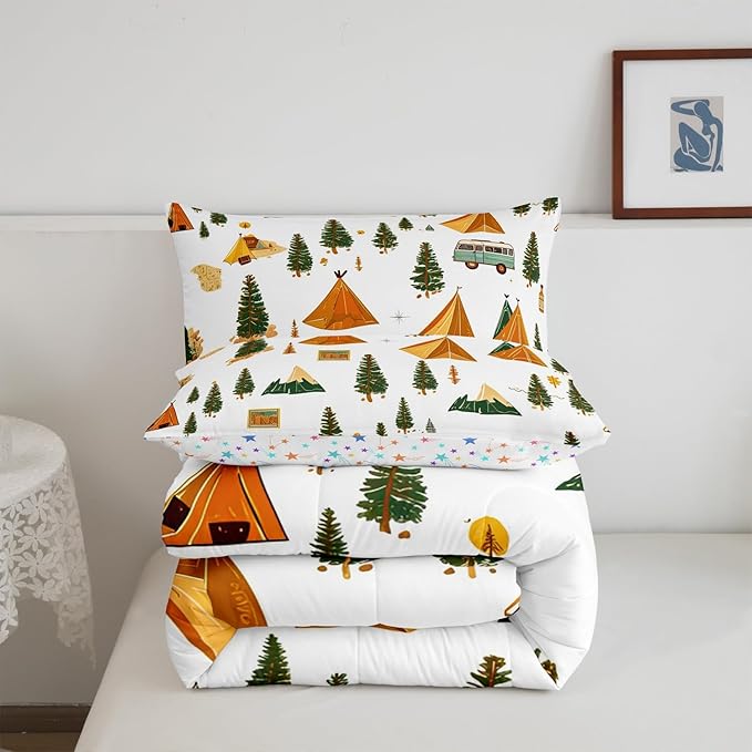 Feelyou Camping Comforter Set King Size Vintage Comforter Camper Accessories for Travel Trailers Bedding Set Camper Duvet Set Room Decor Ivory Quilt Set