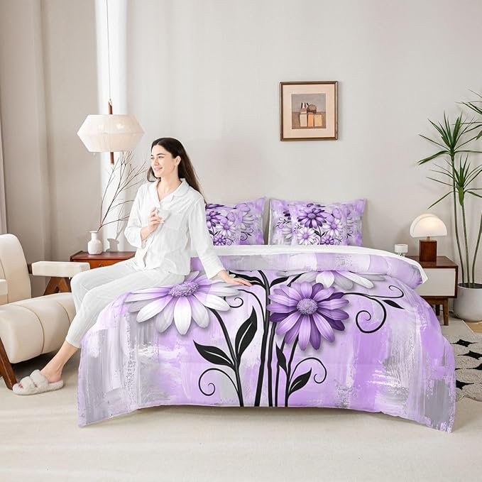 Feelyou Purple Floral Comforter Set with Sheets 7 Piece King Size Daisy Blossom Flowers Pattern Bedding Set for Kids Boys Girls Abstract Geometric Art Bed in a Bag Room Decor Microfiber