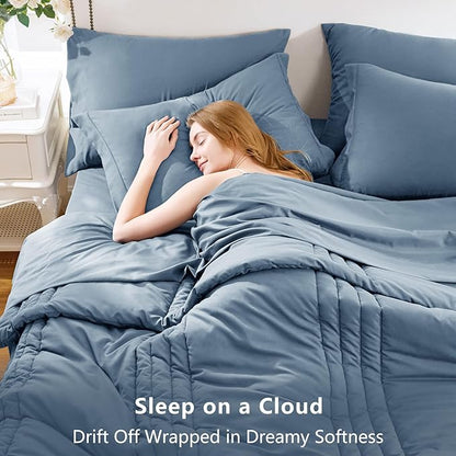 CozyLux King Comforter Set - 7 Pieces Bed in a Bag Grayish Blue Comforter Set with Sheets Luxury Bed Set All Seasons, Soft Bedding Set with Down Alternative Comforter, Sheets, Pillowcases & Shams