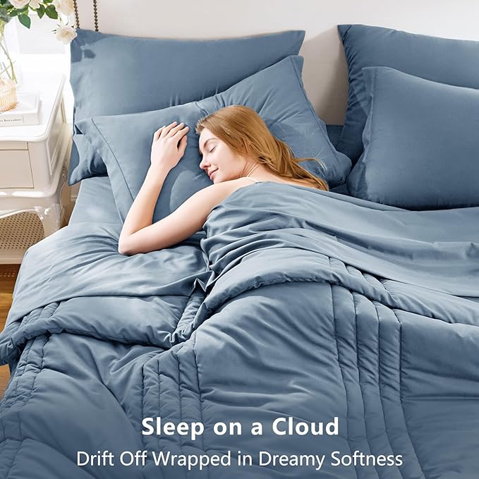 CozyLux Full Comforter Set - 7 Pieces Bed in a Bag Grayish Blue Comforter Set with Sheets Luxury Bed Set All Seasons, Soft Bedding Set with Down Alternative Comforter, Sheets, Pillowcases & Shams