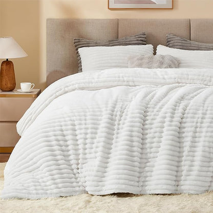 BEDELITE Fleece Full Comforter Set -Super Soft & Warm Fluffy Bright White Bedding, Luxury Fuzzy Heavy Bed Set for Winter with 2 Pillow Cases