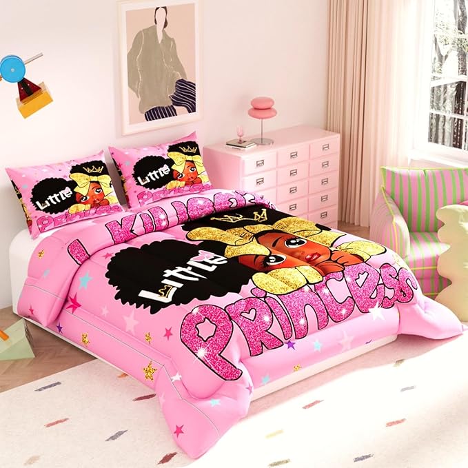Black Girl Comforter Set, Pink Color Sparkling Stars 3D Pattern for Kids Teens Adults,Decorative Bedding Comforter Sets with 2 Pillow Shams, King Size
