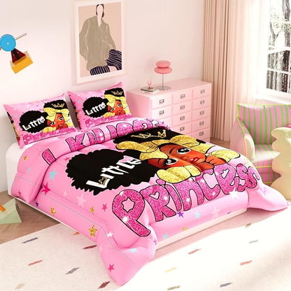 Black Girl Comforter Set, Pink Color Sparkling Stars 3D Pattern for Kids Teens Adults,Decorative Bedding Comforter Sets with 2 Pillow Shams, King Size