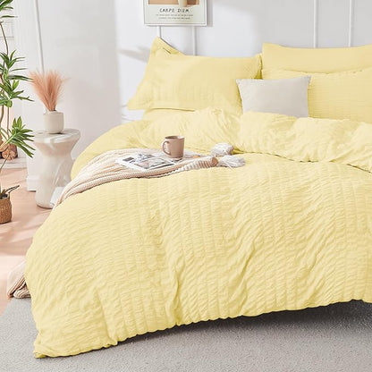 HYMOKEGE Yellow King Size Comforter Set Seersucker 7 Pieces, All Season Luxury Bed in a Bag for Bedroom, Bedding Set with Comforter, Sheets, Pillowcases & Shams