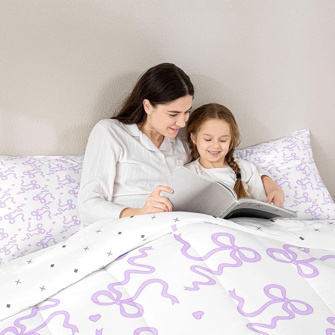 Purple Bow Knot Comforter Set King Size,Cute Love Heart Print Bedding Sets 3Pcs for Kids Girls Women Room Decor,Bowknot Butterfly Tie Quilted Duvet Lovely Vivid Down Comforter,2 Pillowcases