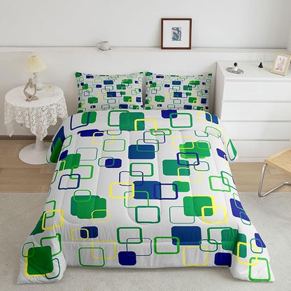 Erosebridal Green Geometric Comforter Set Full Abstract Minimalist Square Bedding Set Modern Aesthetic Stripes Comforter for Kids Girls Boys Color Block Grid Quilt Duvet