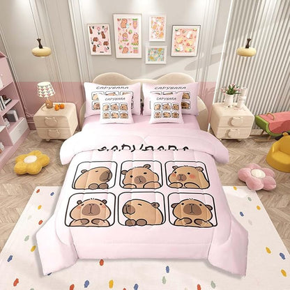 Erosebridal Kids Capybara 7 Pieces Bedding Set King Size,Cute Rodent Animal Bed in a Bag,Capybara Lovers Bed Set Includes Comforter,Sheet Set,Pillowcases & Pillow Covers,Cartoon Animal Bedroom Decor
