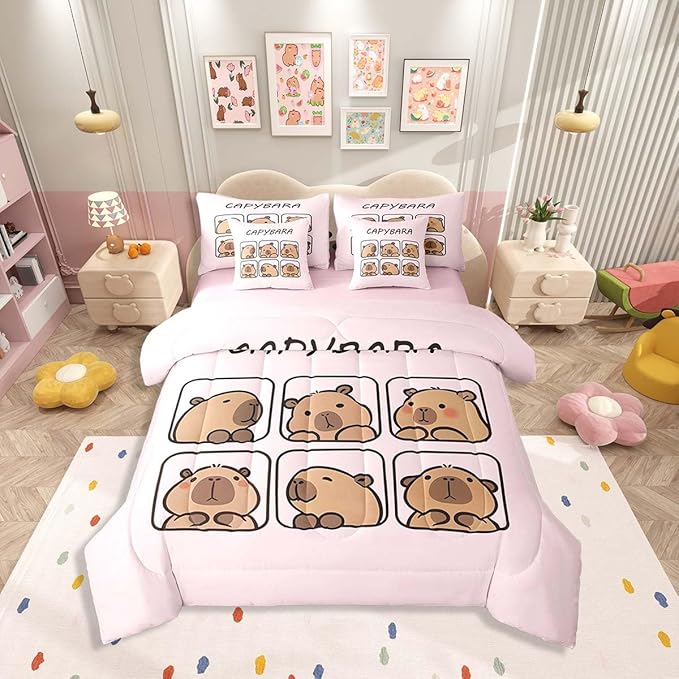 Erosebridal Kids Capybara 7 Pieces Bedding Set Queen Size,Cute Rodent Animal Bed in a Bag,Capybara Lovers Bed Set Includes Comforter,Sheet Set,Pillowcases & Pillow Covers,Cartoon Animal Bedroom Decor