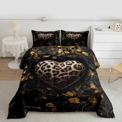 Erosebridal Leopard Love Heart Comforter for Kids Boys Girls,Botanical Leaves Toddler Bedding Set,Black Roses Duvet Insert,Farmhouse Rustic Quilt Bedroom Decor
