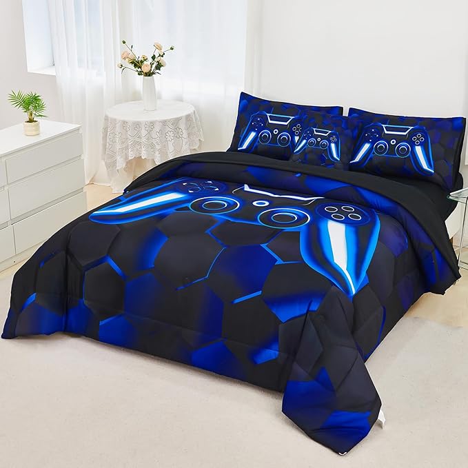 URBONUR Full Size Comforter Sets for Boys Blue Gaming Bed in a Bag 6 Pieces Kids Teen Girls 3D Game Themed Console Printed Room Decor Soft Lightweight Bedding Set