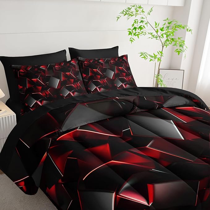 Red and Black Geometric Comforter Set Queen Size 7PCS,Abstract Triangular Printed Bedding Set for Adults,Geometric Mordern Art Decor All Seasons with Pillowcases,Flat, Fitted Sheet