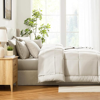 CozyLux Queen Comforter Set Oatmeal, 7 Pieces Bed in a Bag, Oatmeal Comforter Queen Size, All Season Bedding Sets with Stitch Quilted Comforter, Flat Sheet, Fitted Sheet, Pillowcases
