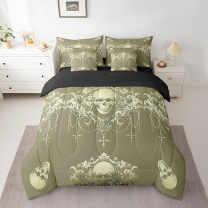 Erosebridal Gothic Bed in a Bag King Size Comforter Set 7 Pieces,Goth Sugar Skull Olive Green Damask Bedding Set,Bohemian Vintage Floral Comforter and Sheet Set,Exotic Antique Victorian Baroque Decor