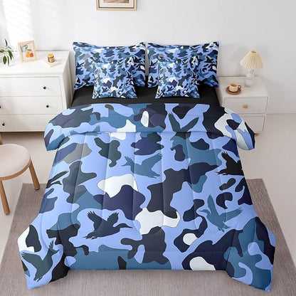 Erosebridal Duck Hunting 7 Piece Comforter Set Queen Size Camo Bedding for Kids Boys Army Camouflage Hunting Bed in A Bag Sheet Set Vintage Blue Black Room Decor Wild Animal Duck Rustic Bed Set