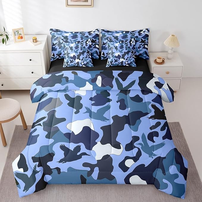 Erosebridal Hunting 7 Piece Bed Set King Size Camouflage Bedding for Kids Boys Men Army Wild Duck Bed in A Bag Sheet Set Vintage Blue Black Bedroom Decor Wild Animal Duck Rustic Comforter Set