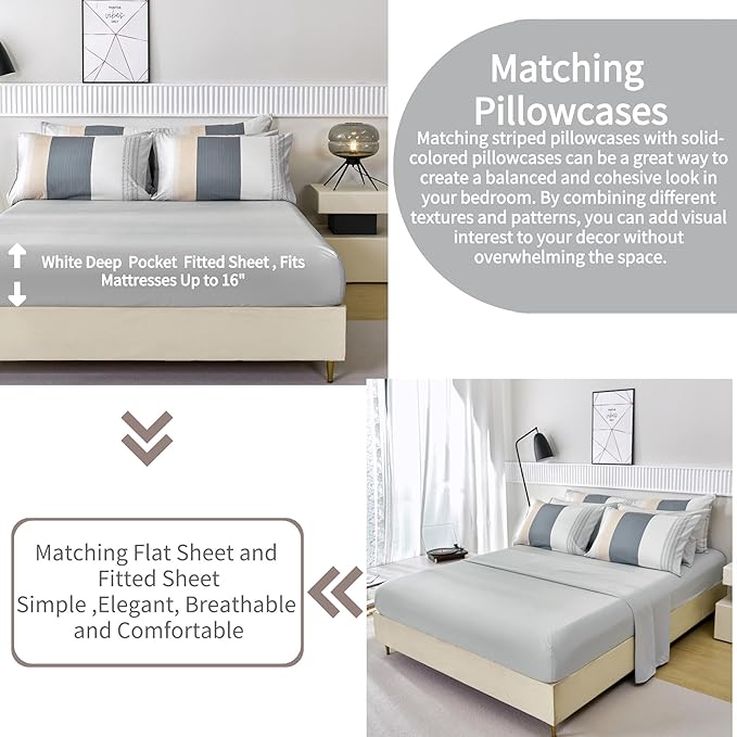 RYNGHIPY Queen Size Comforter Set Beige Grey Striped Men Boys Bedding Set Soft All Season Down Alternative Comforter Bedding Sets (Queen,Beige Grey)