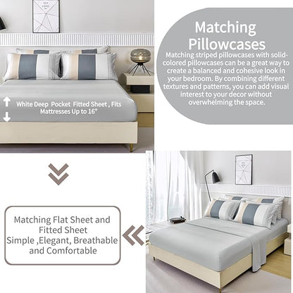 RYNGHIPY Queen Size Comforter Set Beige Grey Striped Men Boys Bedding Set Soft All Season Down Alternative Comforter Bedding Sets (Queen,Beige Grey)
