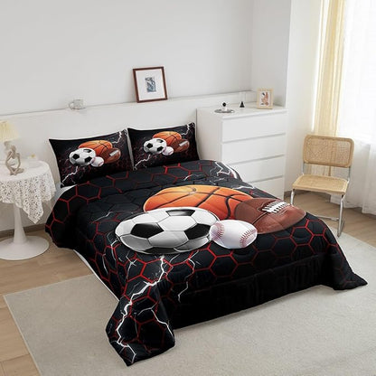 Feelyou Basketball Comforter Set King Size Rugby Sports Comforter for Boys Girls Teens Football Bedding Set Baseball Duvet Set Room Decor Balck Red Mixed Ball Quilt Set