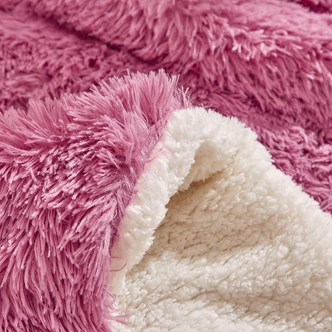 Purple Pink Faux Fur Comforter Set Queen 3 Pieces - 1 Shaggy Comforter 88*88 with 2 Pillowcases - Ultra Soft and Easy Care Luxury Plush Warm Winter fluffy Fleece Duvet Set for Cold Winter