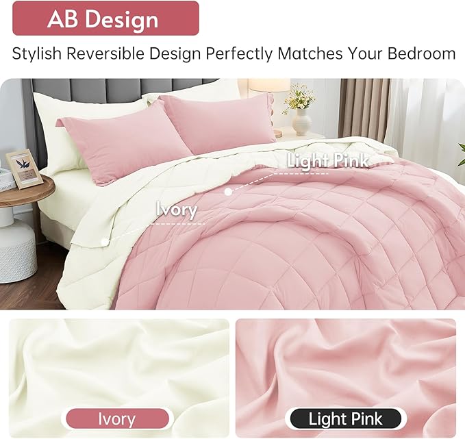MUXHOMO 5 Pieces Twin XL Comforter Set, Reversible Bed in a Bag Twin XL Size, All Season Bedding Set with Comforter, Flat Sheet, Fitted Sheet, Pillowcases & Shams, Light Pink & Ivory