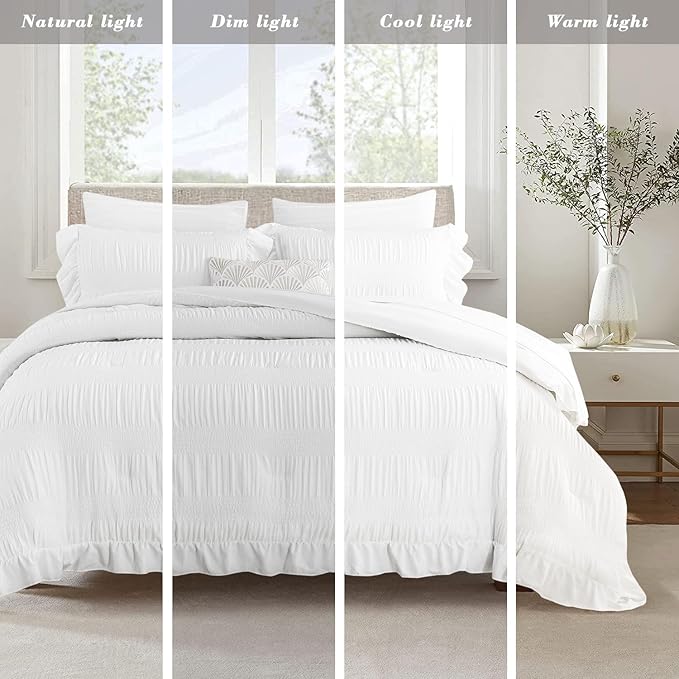 White Comforter Set Queen Size Seersucker Design with Ruffled Edges, Soft Bedding Set Queen Size 3 Pcs, Down Alternative Light Weight Comforter Set (White,90"x90")