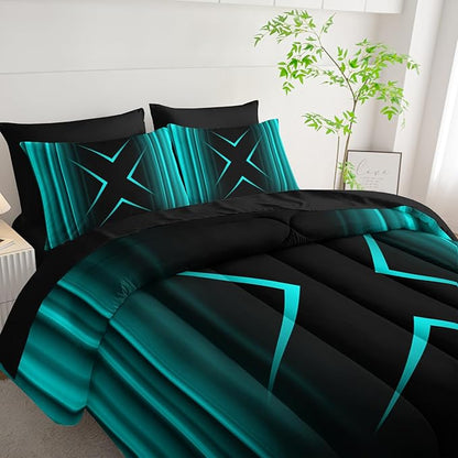 Turquoise Black Geometric Comforter Set King Size 7Pieces,3D Abstract Mordern Printed Bedding Set for Adults,Geometric Mordern Decor All Seasons with Pillowcases,Flat, Fitted Sheet