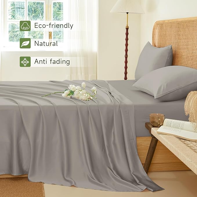 THXSILK Luxury Mulberry Silk Bed Sheets Set - 3pcs Silk Sheets Set 16" Deep Pocket - 1 Fitted Sheet, 1 Flat Sheet, 1 Pillowcase with Zipper Closure - Twin-XL, Grey