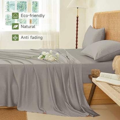 THXSILK Luxury Mulberry Silk Bed Sheets Set - 4pcs Silk Sheets Set 16" Deep Pocket - 1 Fitted Sheet, 1 Flat Sheet, 2 Pillowcases with Zipper Closure - Calfornia King, Grey