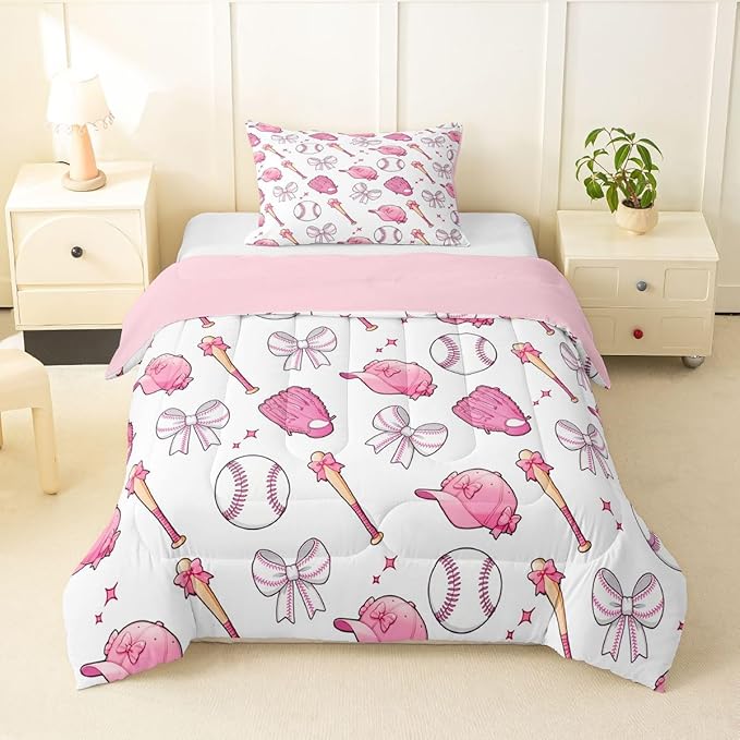 Castle Fairy Baseball Bow Comforter Set Twin Size,Pink Bowknot Bedding Sets 2Pcs for Kids Girls Boys Women Room Decor,Baseball Bat and Cap Quilted Duvet Cute Girly Sports Down Comforter,1 Pillowcase
