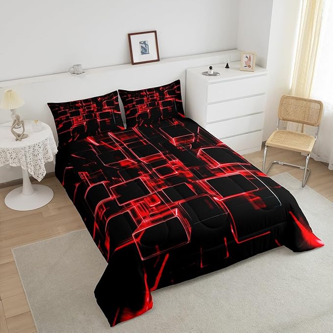 Erosebridal Fire Red and Black Kids Comforter Set Queen, Modern Geometric Square Bedding for Boys Girls Gradient Neon Light Honeycomb Duvet Set Soft Microfiber Quilt with 2 Pillowcases