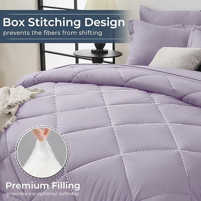 HEVUMYI Full Purple Comforter Set - 7-Piece All Season Bed in a Bag Full, Ultra Soft Bedding Set with Comforter, Flat Sheet, Fitted Sheet, Pillowcases, Pillow Shams, Lavender Purple