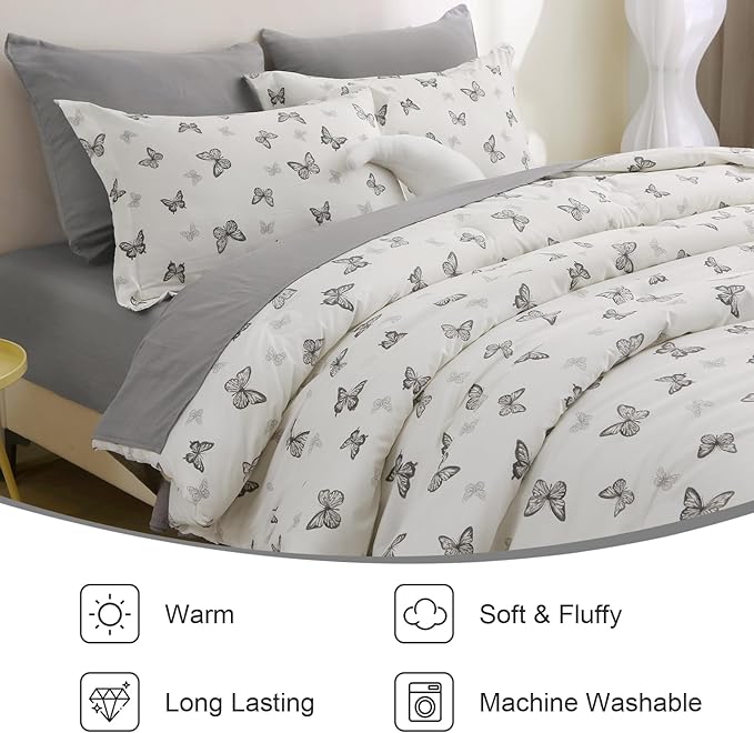 7 Pieces Black Butterfly Comforter Set for Girls Kids Soft Fluffy Bedding Set Twin Size Bed in A Bag as Gifts (1 Comforter, 1 Flat Sheet, 1 Fitted Sheet, 2 Pillowcase and 2 Pillow Sham)