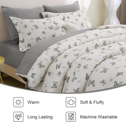 7 Pieces Black Butterfly Comforter Set for Girls Kids Soft Fluffy Bedding Set Full Size Bed in A Bag as Gifts (1 Comforter, 1 Flat Sheet, 1 Fitted Sheet, 2 Pillowcase and 2 Pillow Sham)