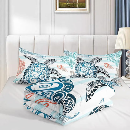 HOSIMA Sea Turtle Comforter Set,Coastal Beach Themed Bedroom Comforter Set Queen Size for Kids Teen Girls Boys Room Decor,Turtle Twin Bed in a Bag for Girls with 2 Pillowcases.
