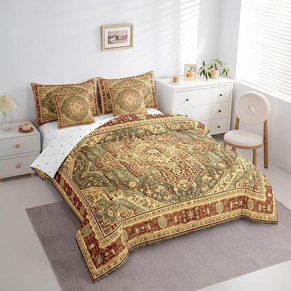 Vintage Bed in a Bag Terracotta Art Deco Bedding Set, Retro Bohemian Queen Comforter Set 7pcs Oriental Medallion Bedding Comforter Sets, Tribal Paisley Bed Sheets Set Women Girls Aesthetic Room Decor