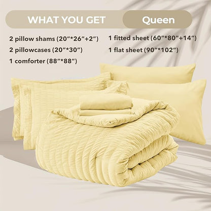 HYMOKEGE Yellow Queen Comforter Set Seersucker 7 Pieces, All Season Luxury Bed in a Bag Queen for Bedroom, Bedding Set with Comforter, Sheets, Pillowcases & Shams