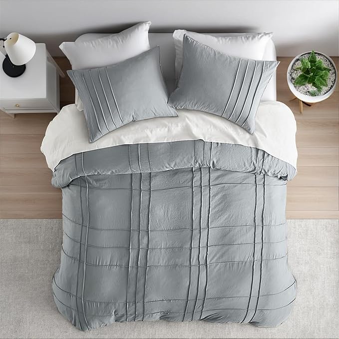 Queen Size Comforter Set Blue Grey, 3 Pieces Bedding Set, Ultra Soft Prewashed Bed Set, Pinch Pleat All Seasons Lightweight Comforter and Shams