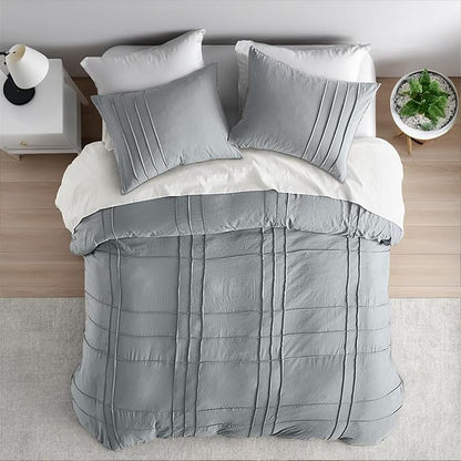 Queen Size Comforter Set Blue Grey, 3 Pieces Bedding Set, Ultra Soft Prewashed Bed Set, Pinch Pleat All Seasons Lightweight Comforter and Shams