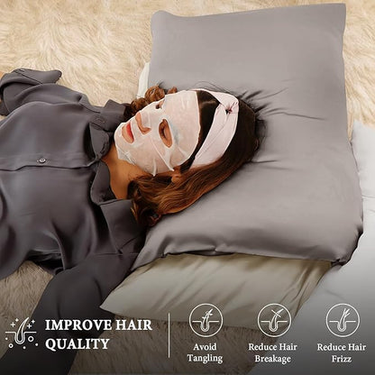 BHZ Grey Satin Goose Down Feather Pillows King Size Set of 2 with Satin Pillowcase for Hair and Skin, Cooling Pillow Cases Similar to Silk Pillow Cases, Decorative for Women, Mom Men