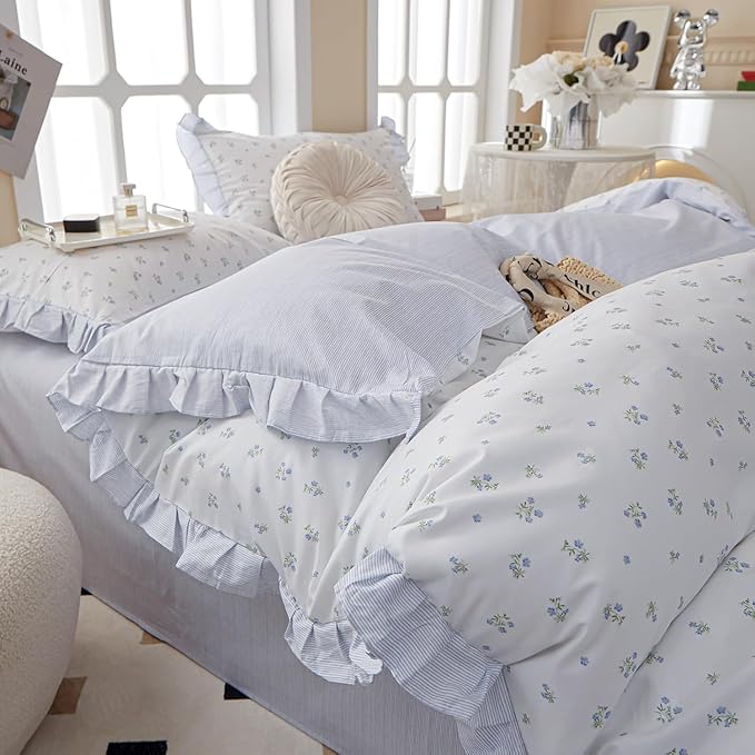 HighBuy Ruffle Comforter Set Twin XL White Blue Floral Comforter Coquette Lace Floral Bedding Set Soft Striped Bedding Comforter Set 1 Lightweight Cottagecore Comforter with 2 Pillowcases