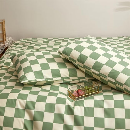 Houseri Sage Green and White Comforter Set King Plaid Light Green Beige Grid Bedding Checkerboard King Size Comforter Sets Women Men Grass Green Buffalo Plaid Comforters King Gingham Bedding Sets King