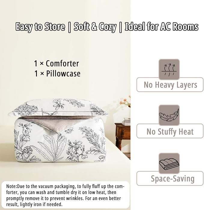 Floral Cotton Comforter Twin Size 2Pcs - Vintage Design with Luxurious Black Sketched Flowers & Leaves on Cream, Retro Taupe Reversible Lightweight Bedding Sets with Soft Fill(68"×90")