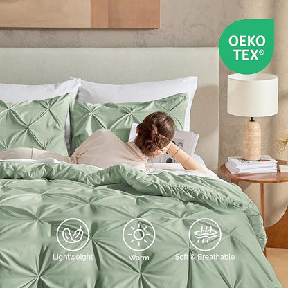 Andency Sage Green Oversized King Comforter Set (120x98Inch), 3 Pieces Lightweight Pinch Pleat Cal King Bedding Comforters & Sets, Oversized Pintuck Soft Fluffy Alternative Bed Set for All Season