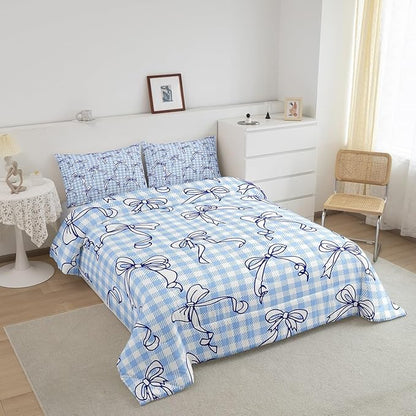 Feelyou Kawaii Bow Bedding Set Plaid Girls Bow Comforter Set for Kids Boys Girls Teens Room Decor Cute Bowknot Comforter Queen Size Lovely Grid Duvet Set 3Pcs
