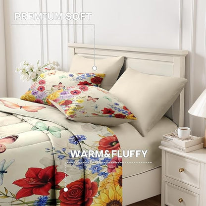 Nesker 5 Pcs Spring Comforter Set Twin Size, Floral Butterfly Bedding Set for Kids and Adults, Poppy Rose Bed Sheet Sets with Fitted Sheet Pillowcase & Sham
