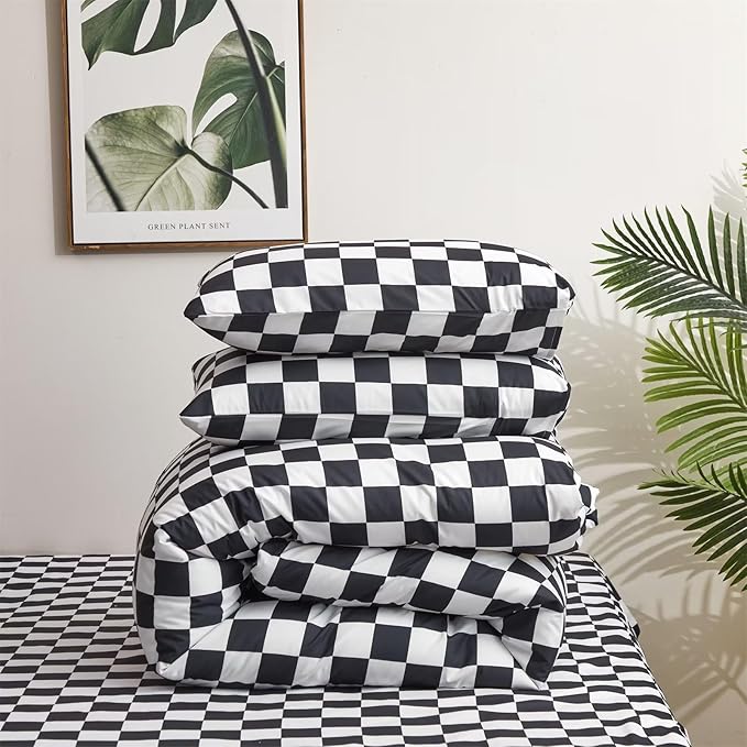 Houseri White Black Plaid Comforter Set Cal King Black and White Checkerboard Comforter California King Size Black Buffalo Checkered Bedding Elegant Grid Gingham Checker Comforter Sets California King