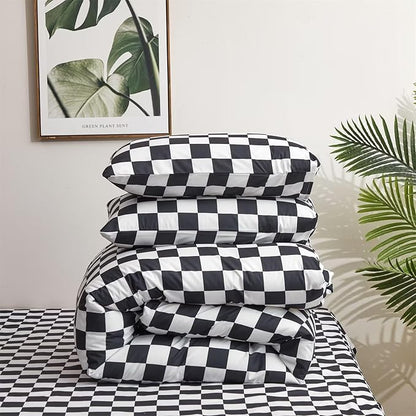 Houseri Plaid Comforter Set - Full Size Teen Boys Black and White Buffalo Checkered Bedding Comforters and Blanket Quilts