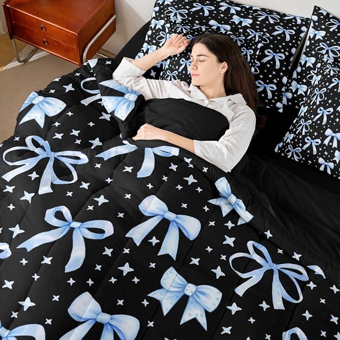 Erosebridal Kids Girls Bowknot Bow Black Blue Y2K Full Comforter Set 7 Pieces | Kawaii Cute Bed in A Bag for Bedroom Starry Dreamy Bedding Set with Comforters Princess Room Decor