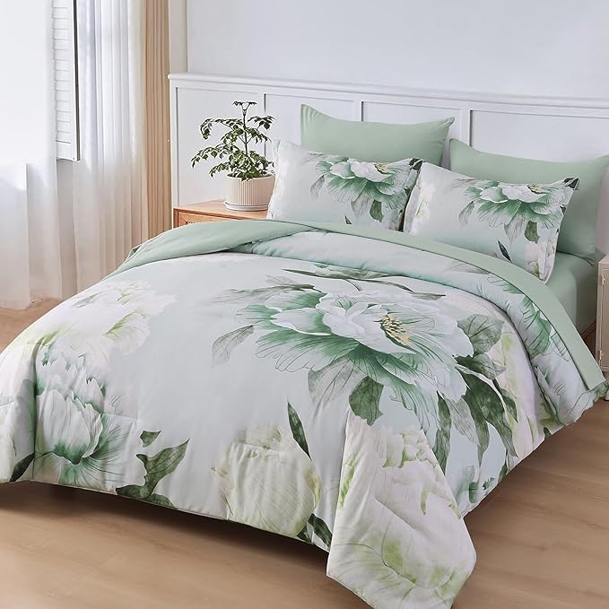 Dobuyly Floral Comforter Set Queen 7 Piece Bed in a Bag, Sage Green Reversible Comforter Set with Sheets, Soft Microfiber Botanical Flowers Summer Bedding Set for All Season
